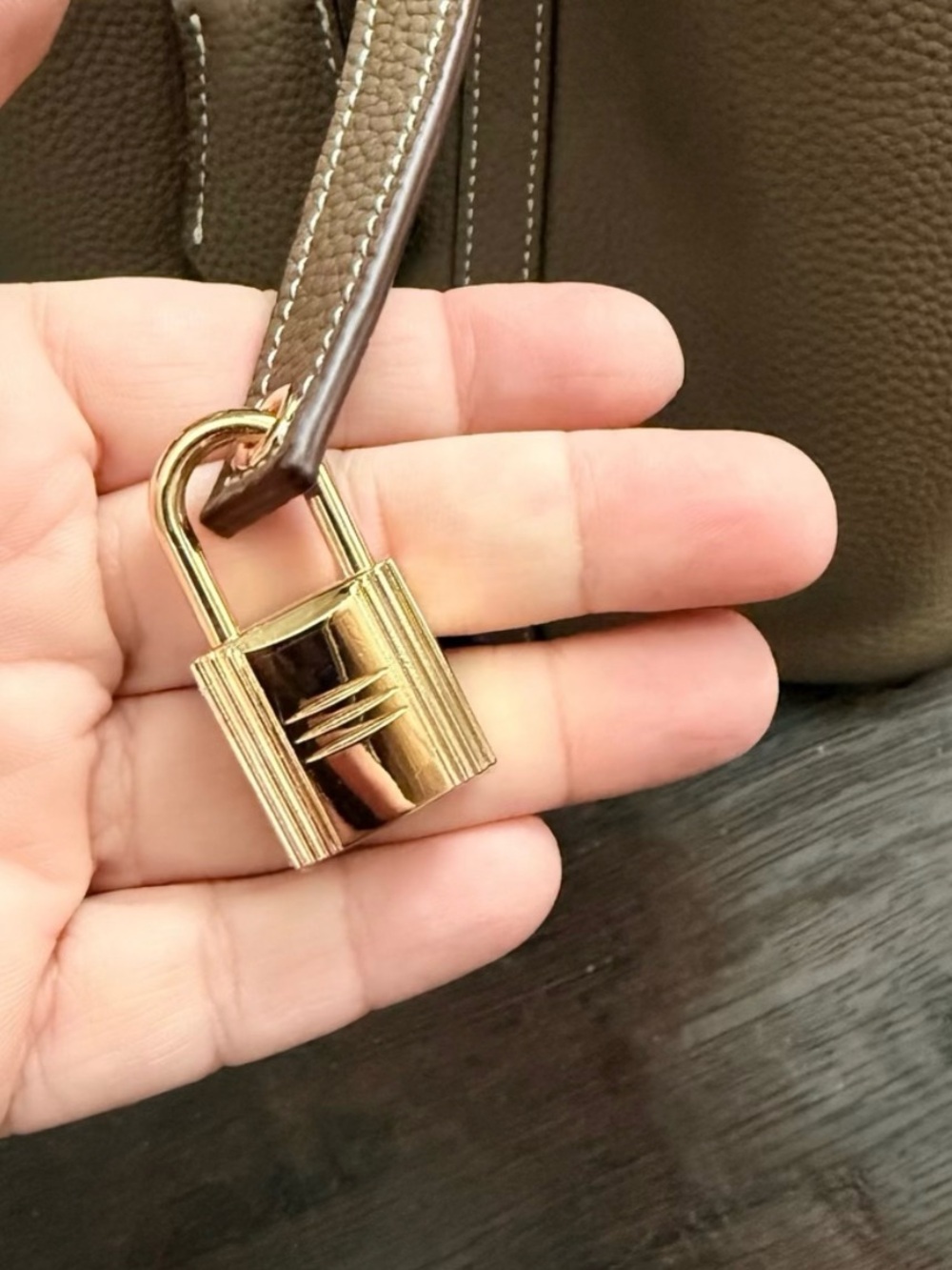 Structured luxury Taupe Pebbled Leather Tote with Gold Accent - Picture 4 of 14